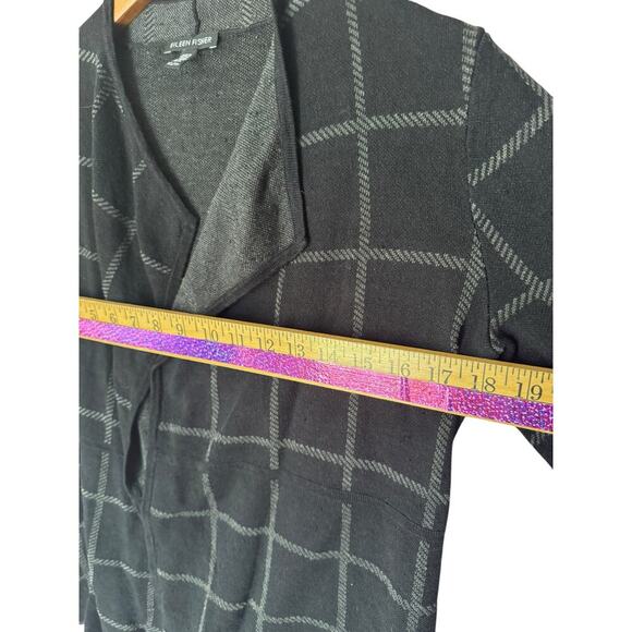 Eileen Fisher XS Open Front Cardigan Jacket black gray Windowpane Check Linen bl - Picture 10 of 11